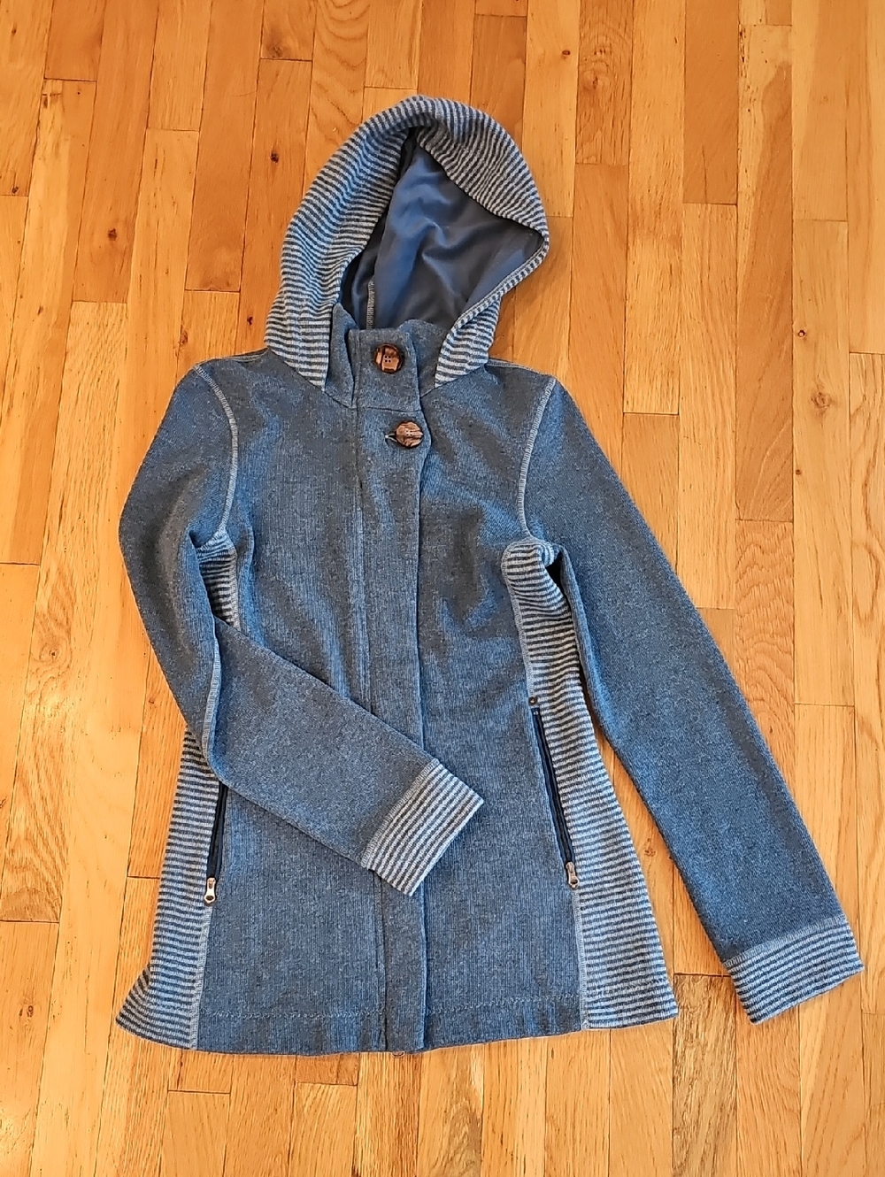 Prana Blue Hooded Jacket with Striped Accents